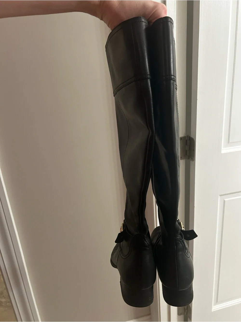 Title: Michael Kors Black Leather Knee High Riding Boots Gold MK Logo